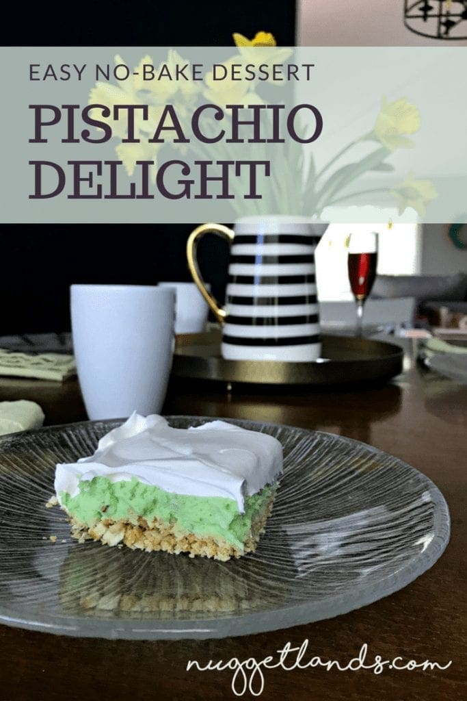 Easy, layered, no bake pistachio dessert that is both sweet and salty with a whipped topping. Perfect for Easter Bruch, Mother's Day Brunch, St Patrick's day or just a summer BBQ. Can be made nut-free! #dessert #pistachio #nobake #allergyfriendly #recipe