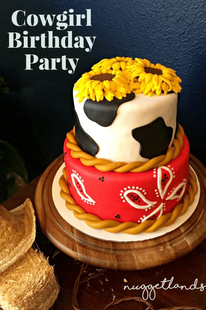 A Cowgirl Birthday party with a western theme that would be perfect for a toddler or teen. See all our ideas for food, centerpieces, cake, birthday girl outfit, craft station, custom cookie favors that isn't just your standard pink and gold. Perfect for girls but the red/yellow/blue color scheme would be perfect for a boy. Oh and we had real horses, pony rides for the win. #birthdayparty #western #cowboy #cowgirl #cake #crafts #birthday #outfits"