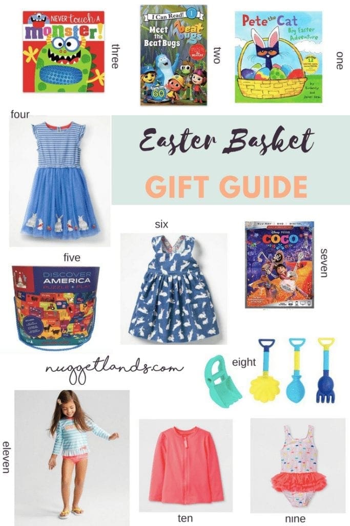 Easter Basket gift guide for kids with ideas for boys and girls. Books, movies, toys, puzzles, swimsuits and Easter outfits perfect for the toddler or preschooler in your life. #gifts #easter #giftguide #books #outfits #kidsfashion #toys #musthave #spring #summer