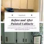Before and after painted cabinet transformation. This easy DIY project, with or without sanding, can take old drap cabinets into a high impact statement. Ideas for your kitchen, bathroom or laundry room. 9 things to know when you are painting cabinets with with a sprayer or with brushes. #beforeandafter #DIY #kitchen #bathroom #laundryroom #colors #interiordesign #farmhouse