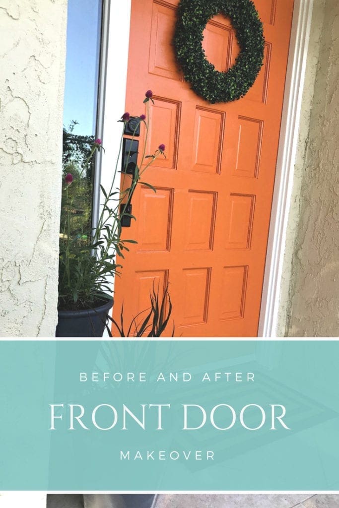 Before and after front door transformation. This easy DIY paint project instantly changes your curb appeal. This bold orange color is feng shui approved and makes this entrance from old and ugly to bright and modern. Take an outdated exterior door and paint the door and moulding a color scheme that flows with your home, whether that is brick or stucco.