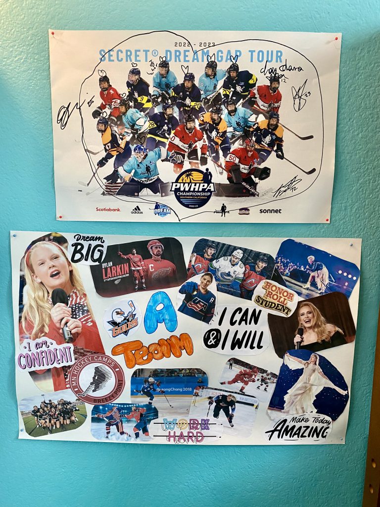 Girls hockey memorabilia and vision board.